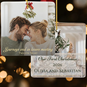 First Christmas Married Couple Photo Mistletoe Ceramic Ornament
