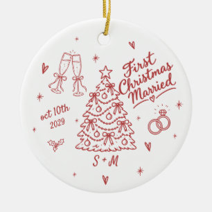 First Christmas Married Custom Date Initials Red Ceramic Tree Decoration