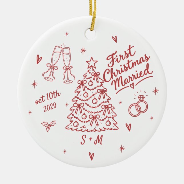 First Christmas Married Custom Date Initials Red Ceramic Tree Decoration (Front)