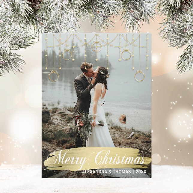 First Christmas Married Engaged Gold | PHOTO Holiday Postcard (First Christmas Married Engaged White  PHOTO Holiday Postcard)