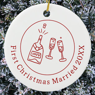 First Christmas Married Fun Celebration Doodle Ceramic Tree Decoration