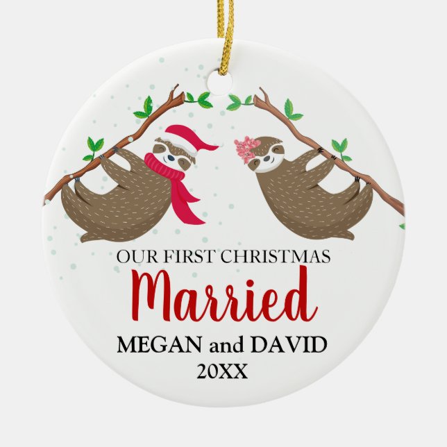 First Christmas married Funny Sloths Ceramic Tree Decoration (Front)
