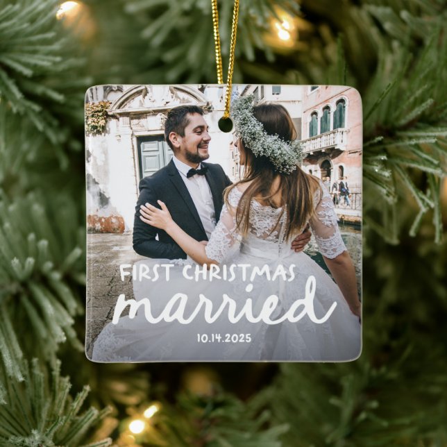 First Christmas Married | Hand-Drawn Lettering Ceramic Ornament (Tree)