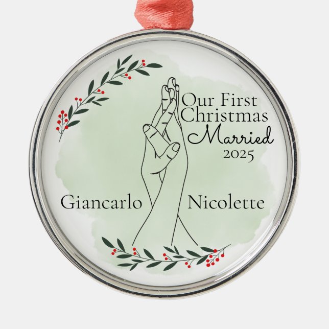  First Christmas Married Interlocking Hands Metal Tree Decoration (Front)