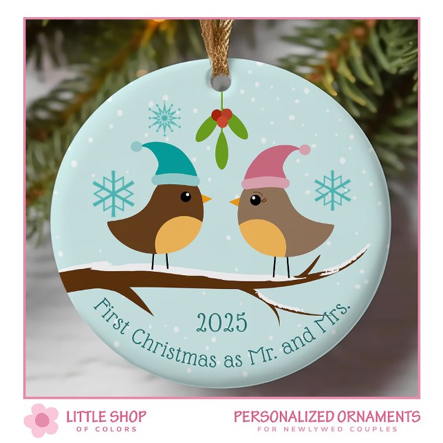 First Christmas Married Love Birds Photo Ceramic Tree Decoration (Creator Uploaded)