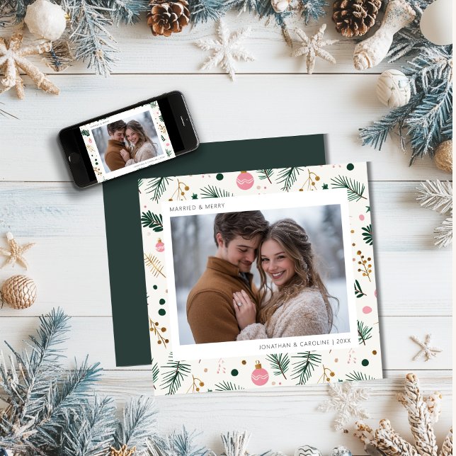 First Christmas Married & Merry Whimsical Green Holiday Card (Creator Uploaded)