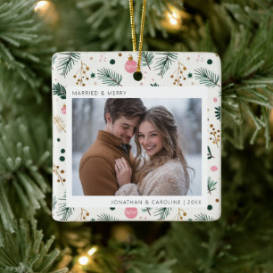 First Christmas Married & Merry Whimsical Photo Ceramic Ornament