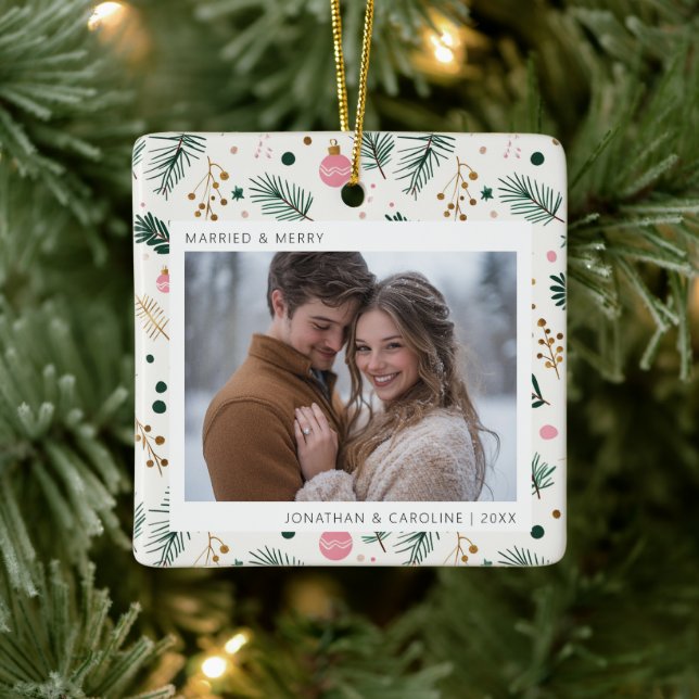 First Christmas Married & Merry Whimsical Photo Ceramic Ornament (Tree)