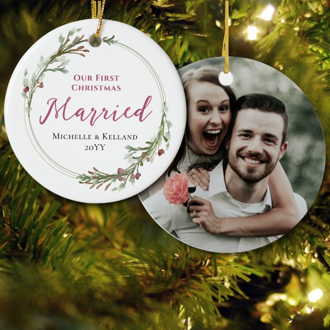 First Christmas Married Minimal Wreath Photo Ceramic Tree Decoration (Creator Uploaded)