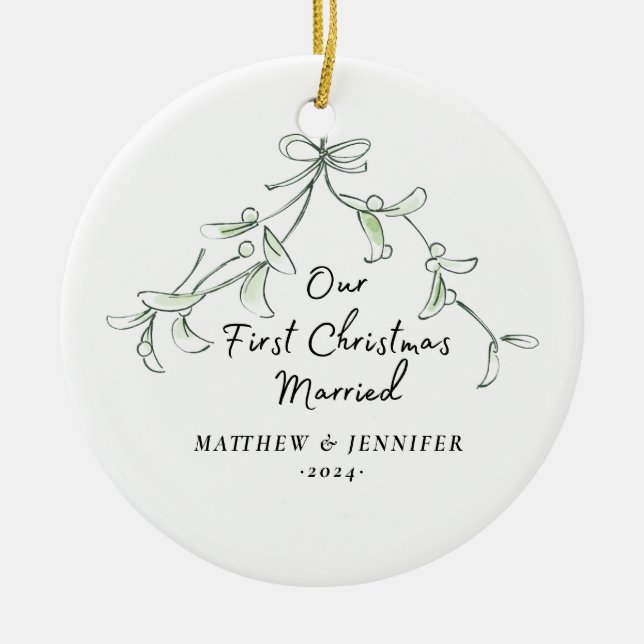 First Christmas Married Mistletoe Photo Ornament (Front)
