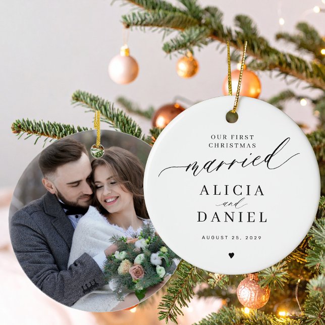 First Christmas married modern photo Ceramic Tree Decoration (Creator Uploaded)