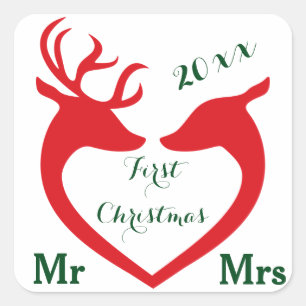 First Christmas Married Mr and Mrs Heart Deer Square Sticker