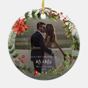 First Christmas Married Mr and Mrs Photo Botanical Ceramic Tree Decoration