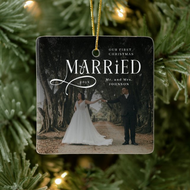 First Christmas Married Mr & Mrs Couples Photo  Ceramic Ornament (Tree)