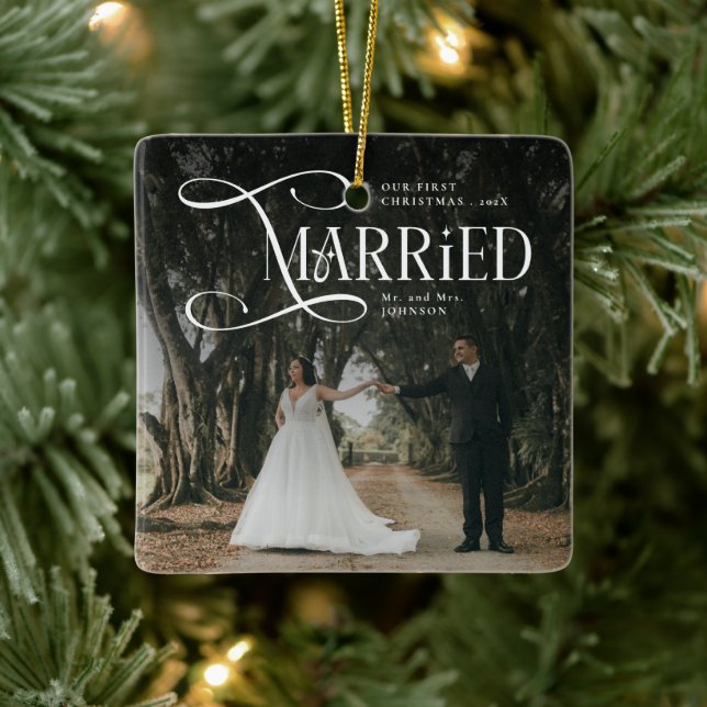 First Christmas Married Mr & Mrs Couples Photo  Ceramic Ornament (Tree)