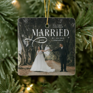 First Christmas Married Mr & Mrs Couples Photo  Ceramic Ornament