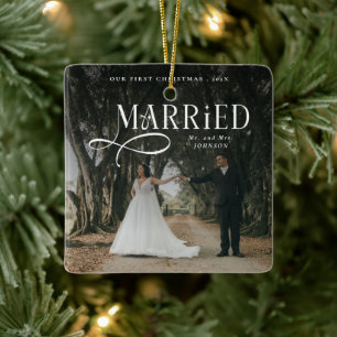 First Christmas Married Mr & Mrs Couples Photo  Ceramic Ornament