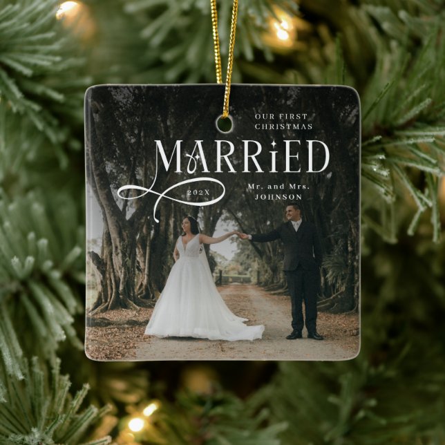 First Christmas Married Mr & Mrs Couples Photo  Ceramic Ornament (Tree)
