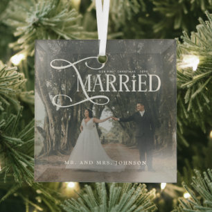 First Christmas Married Mr & Mrs Couples Photo  Glass Tree Decoration