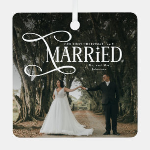 First Christmas Married Mr & Mrs Couples Photo  Metal Tree Decoration