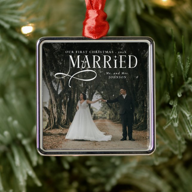 First Christmas Married Mr & Mrs Couples Photo  Metal Tree Decoration (Tree)
