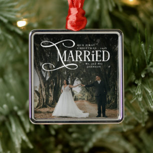First Christmas Married Mr & Mrs Couples Photo  Metal Tree Decoration