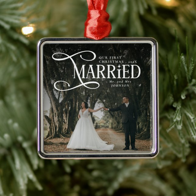 First Christmas Married Mr & Mrs Couples Photo  Metal Tree Decoration (Tree)