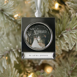 First Christmas Married Mr & Mrs Couples Photo  Silver Plated Banner Ornament