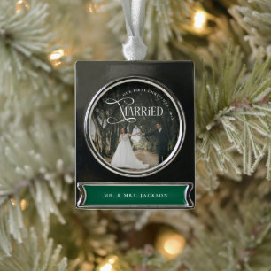 First Christmas Married Mr & Mrs Couples Photo  Silver Plated Banner Ornament