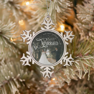First Christmas Married Mr & Mrs Couples Photo  Snowflake Pewter Christmas Ornament