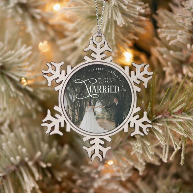 First Christmas Married Mr & Mrs Couples Photo  Snowflake Pewter Christmas Ornament (Tree)