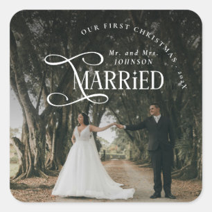First Christmas Married Mr & Mrs Couples Photo  Square Sticker