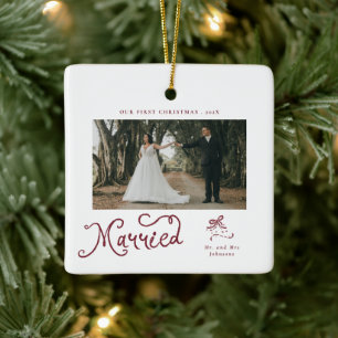 First Christmas Married Mr & Mrs Photo Whimsical Ceramic Ornament