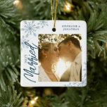 First Christmas Married Newlyweds Photo Ceramic Ornament<br><div class="desc">This square Christmas ornament is a perfect gift for the newly married couple. The design features a photo frame with handwritten text "Married" and is accented with light blue snowflakes. Personalize with a pictures of the couple,  their names and year.</div>