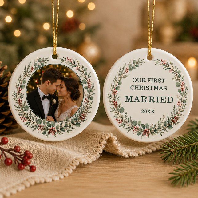 First Christmas Married Personalised Photo Ceramic Tree Decoration (Creator Uploaded)
