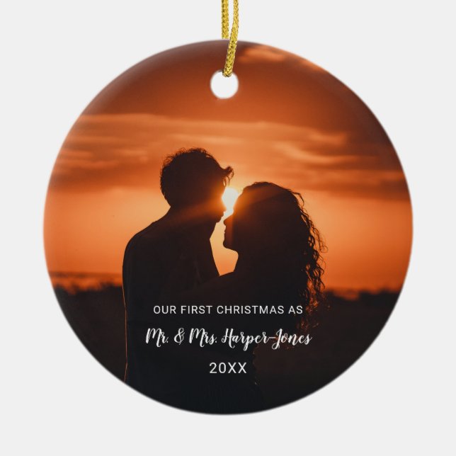 First Christmas Married Photo Ceramic Tree Decoration (Front)