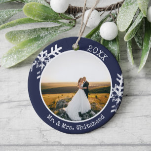 First Christmas Married Photo Elegant Navy Blue Ceramic Tree Decoration