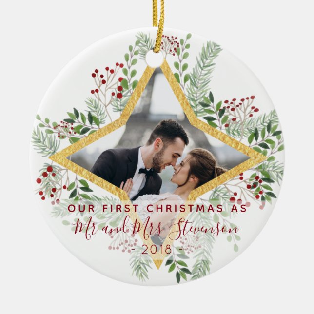 First Christmas Married Photo Gift Ceramic Tree Decoration (Front)