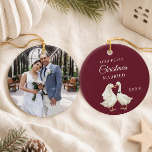 First Christmas Married photo Goose Couple Ceramic Tree Decoration