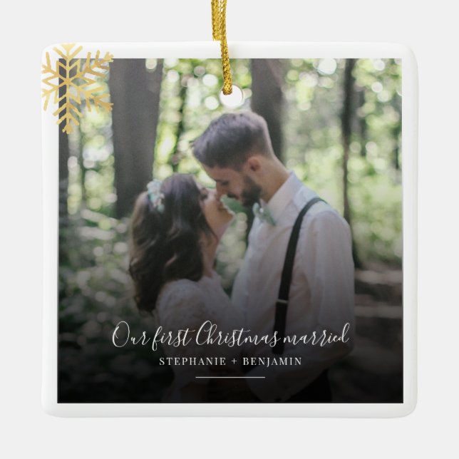 First Christmas Married Photo Holidays Ceramic Ornament (Front)