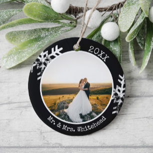 First Christmas Married Photo Modern Snowflake Ceramic Tree Decoration