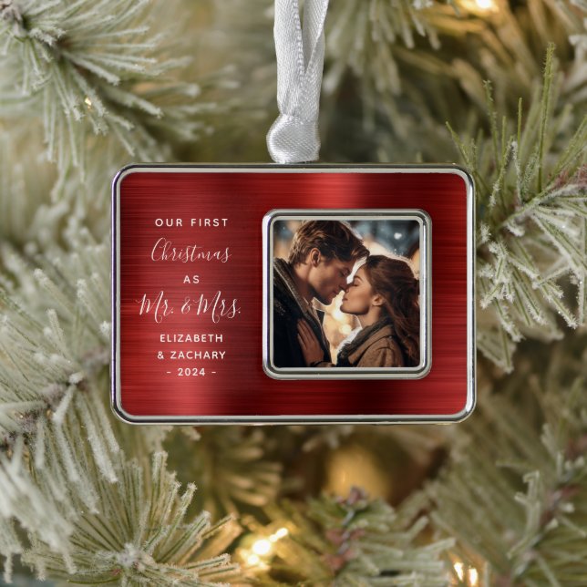 First Christmas Married Photo Red Brushed Metal Silver Plated Framed Ornament (Tree)