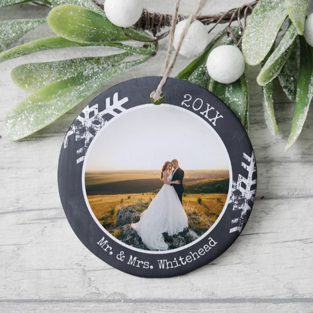 First Christmas Married Photo Rustic Snowflake Ceramic Tree Decoration (Rustic snowflake newlywed holiday keepsake photo ornament perfect for gifts to bring joy to others.)