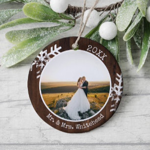 First Christmas Married Photo Rustic Wood Snow Ceramic Tree Decoration