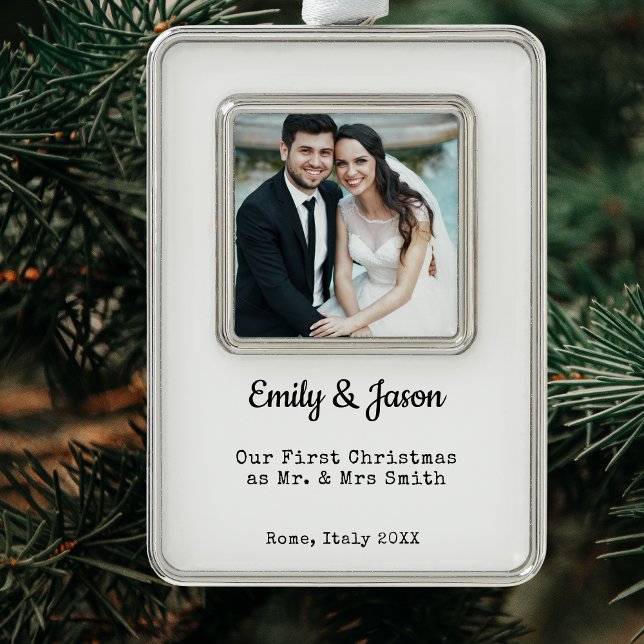 First Christmas Married Photo Silver Plated Framed Ornament (Newlywed First Christmas Photo Framed Custom Ornament Keepsake)