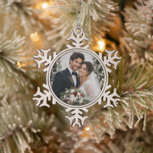 First Christmas Married Photo Snowflake Pewter Ornament