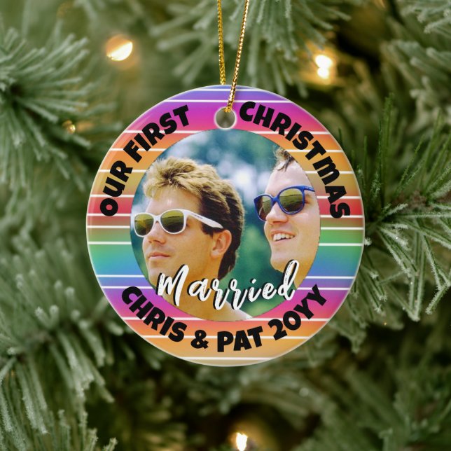 First Christmas Married Photo Sunset Stripes Ceramic Tree Decoration (Tree)