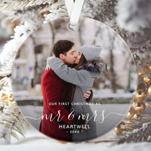 First Christmas Married Photo White Typography Ornament