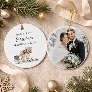 First Christmas Married Photo Winter Horse  Ceramic Tree Decoration