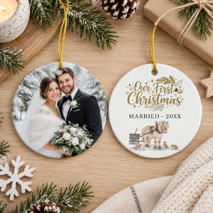 First Christmas Married Photo Winter Horse  Ceramic Tree Decoration